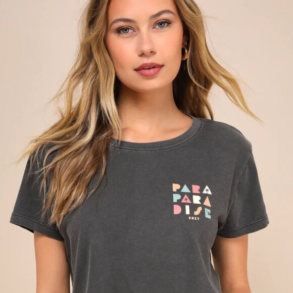 Roxy Para Paradise Washed Charcoal Cropped Graphic Tee - Picture 2 of 4